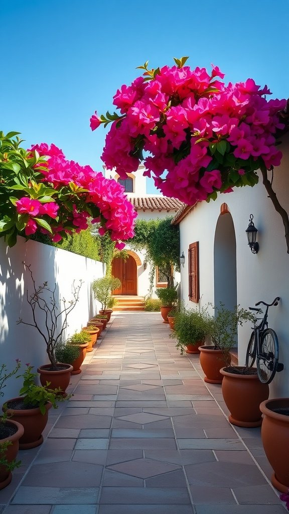 Pathway lined with pots and bougainvillea flowers leading to a Mediterranean home