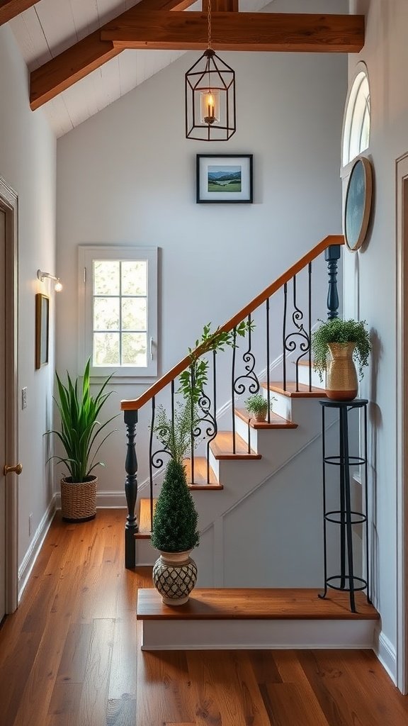 A well-designed staircase in a modern cottage, featuring wooden steps, a black wrought iron railing, and decorative plants.