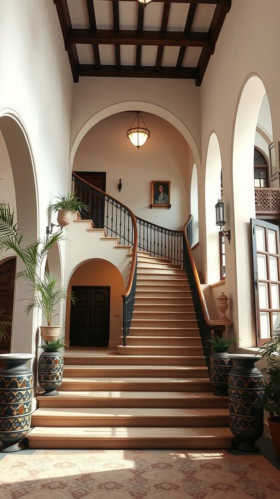 Elegant staircase with wooden railing and arched landings, surrounded by decorative plants and light.