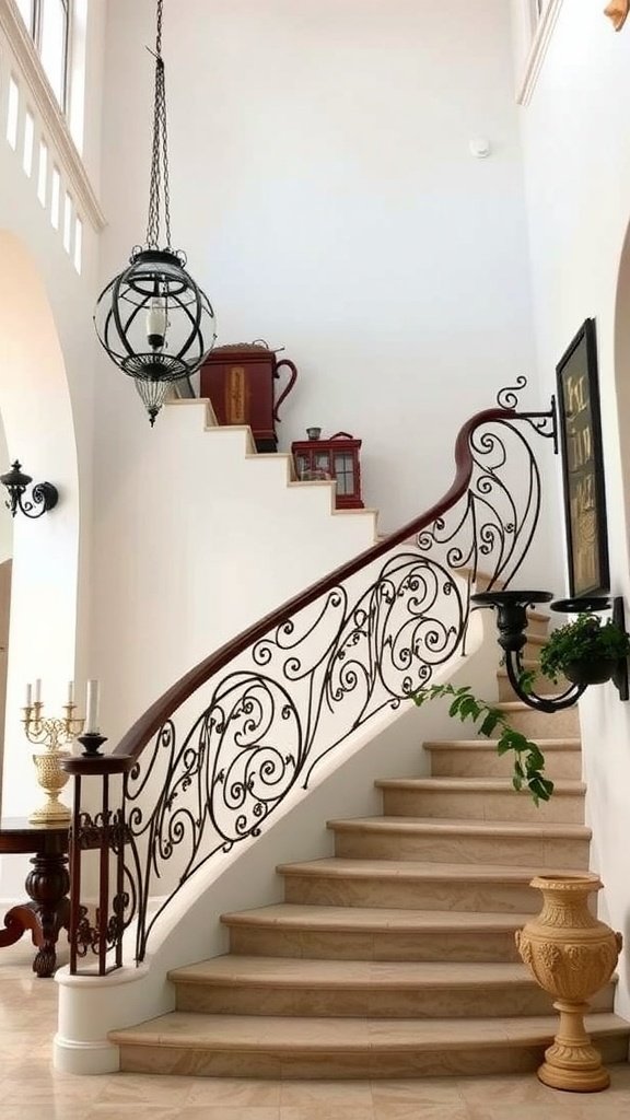 Elegant staircase with artistic black railings and warm-toned steps, featuring decorative elements and soft lighting.