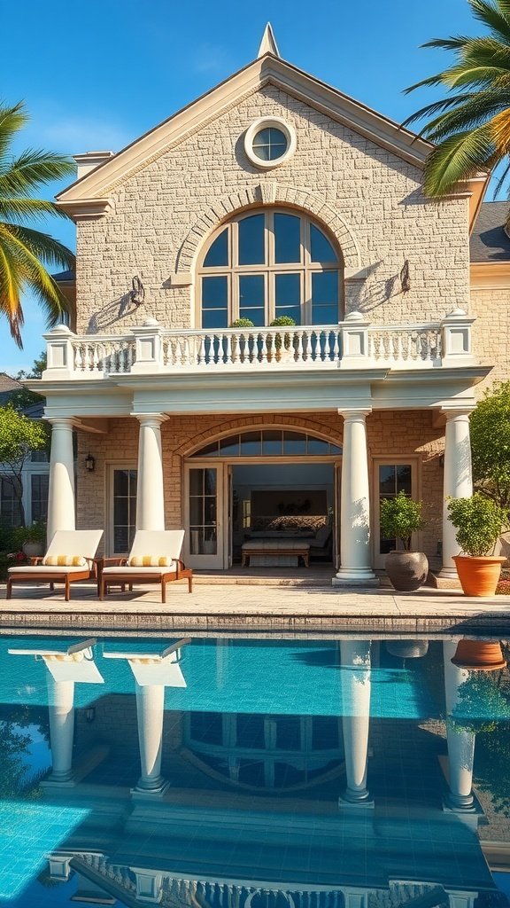 Elegant stone pool house with columns, large windows, and a blue pool reflecting its image.