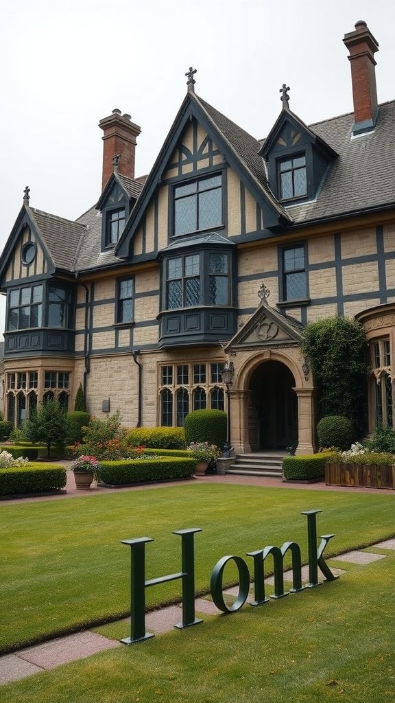 Elegant Tudor style home with stone exterior and landscaped garden