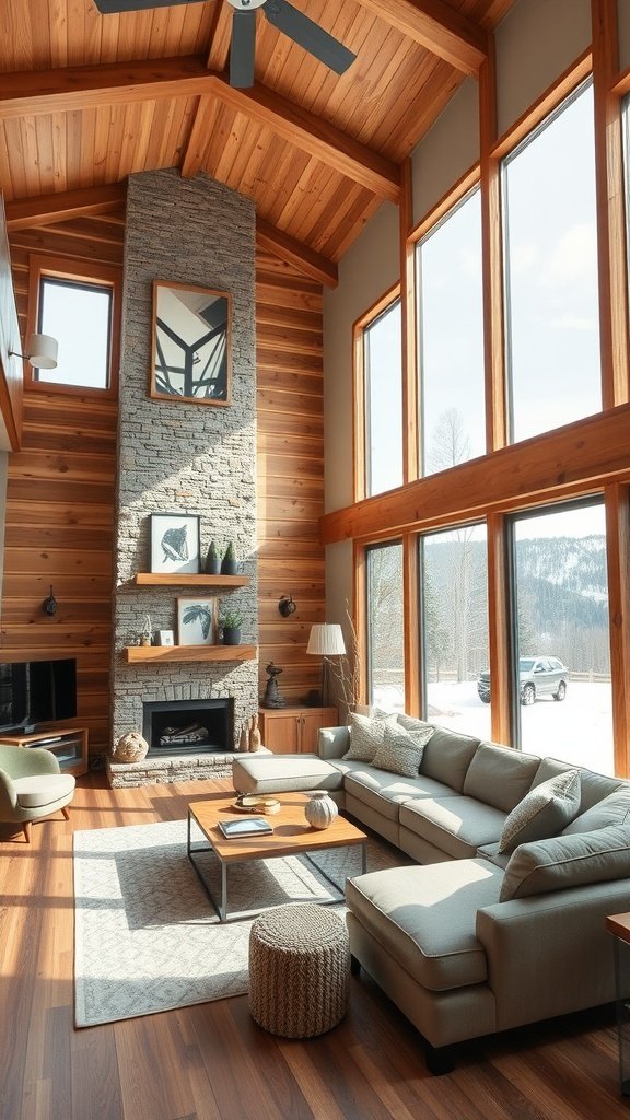 A spacious modern mountain living room with high ceilings, featuring a stone fireplace, large windows, and cozy furniture.