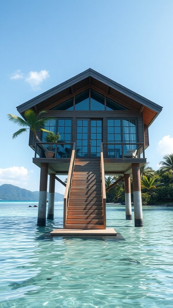 A beautiful elevated house on stilts in a tropical setting, surrounded by clear water and lush greenery.