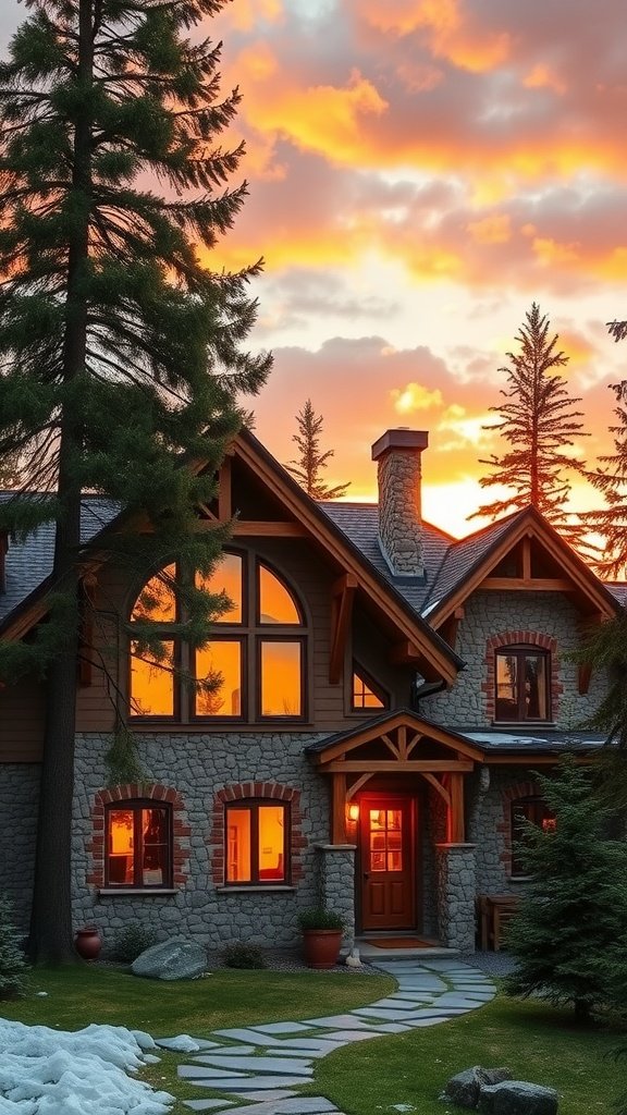 A beautiful rustic mountain house made of stone and timber, glowing warmly at sunset, surrounded by trees.