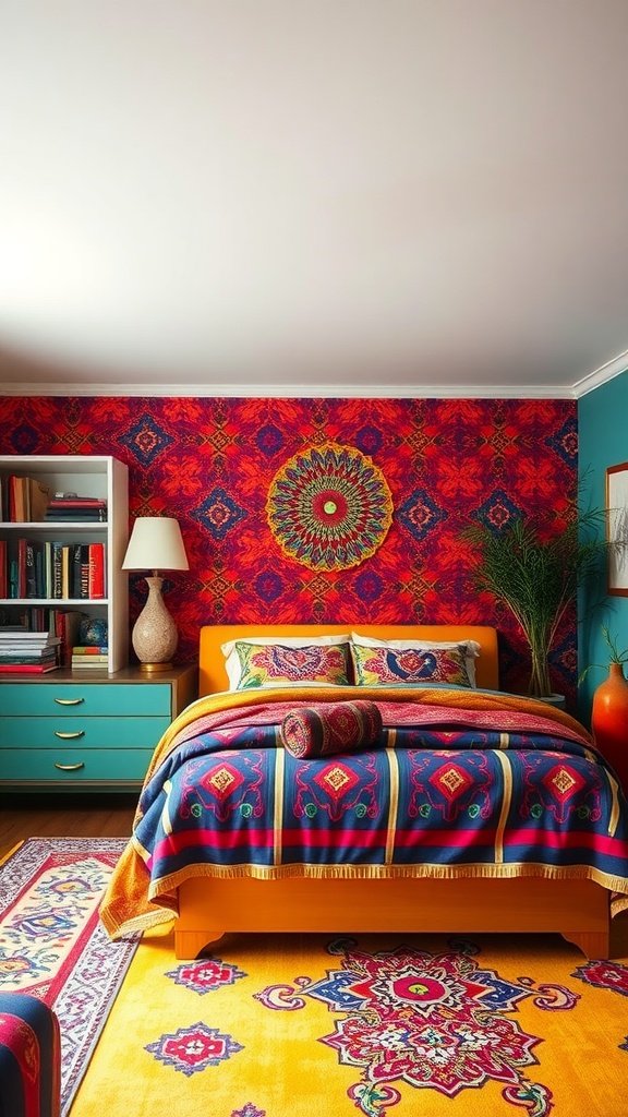 A vibrant Spanish bedroom featuring bold red and blue patterns, an orange bed frame, and colorful textiles.