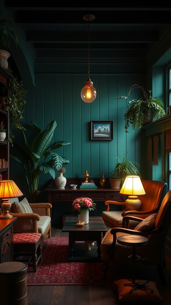 A cozy interior featuring emerald green walls, warm lighting, vintage furniture, and decorative plants