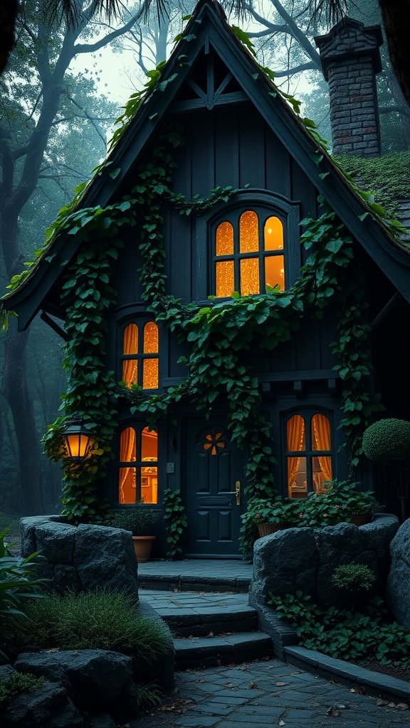A dark cottagecore house surrounded by greenery, with warm light glowing from the windows.