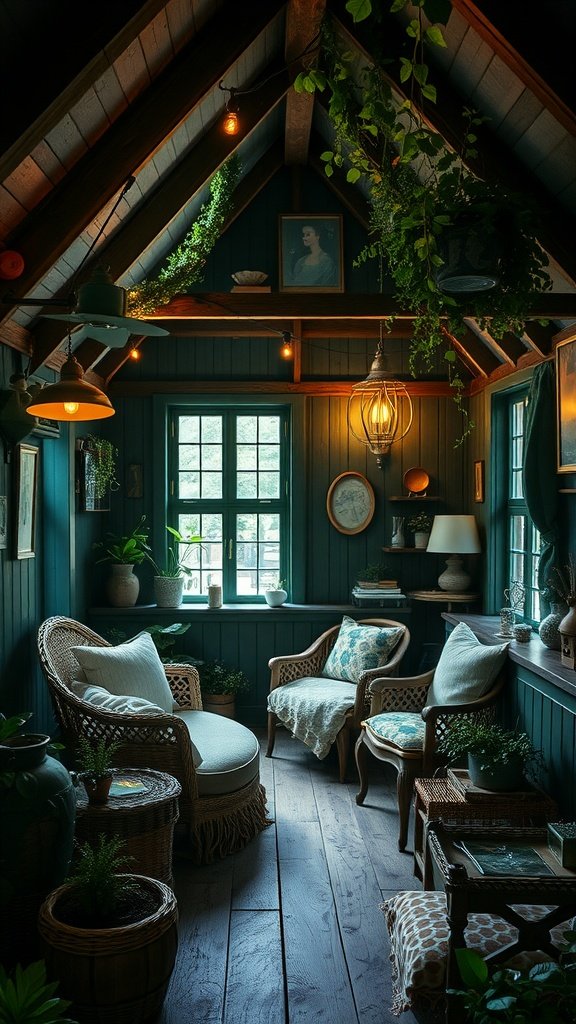 Cozy dark cottagecore interior with green walls, vintage furniture, and plants