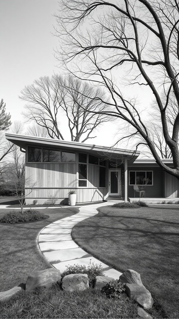 A mid-century modern house with a curved pathway leading to the entrance, surrounded by trees and well-maintained landscaping.