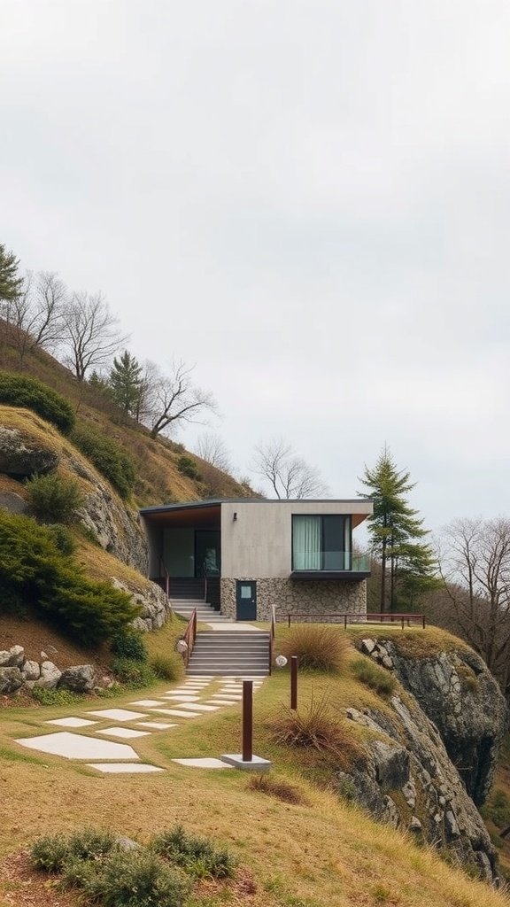A modern house built into a hillside with a stone pathway and surrounded by greenery.