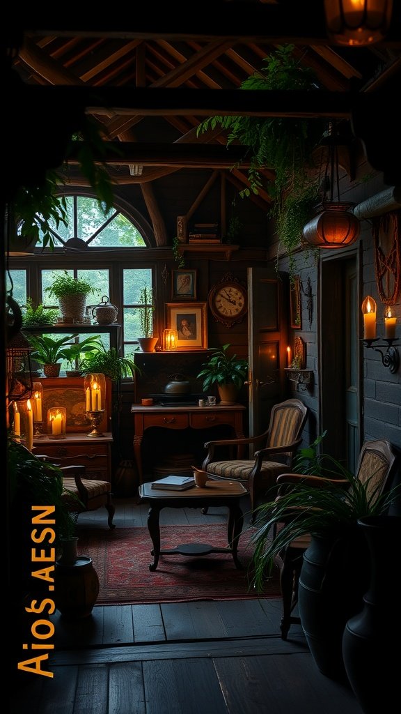 A cozy room filled with plants and warm candlelight, featuring vintage furniture and a rustic charm.