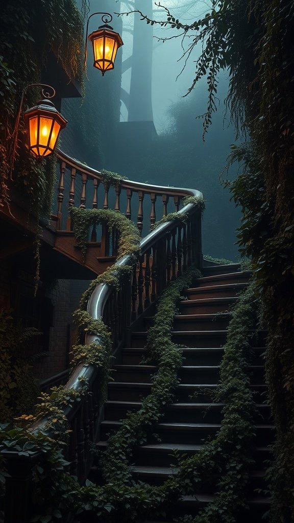 A winding staircase surrounded by lush greenery and glowing lanterns in a moody setting.