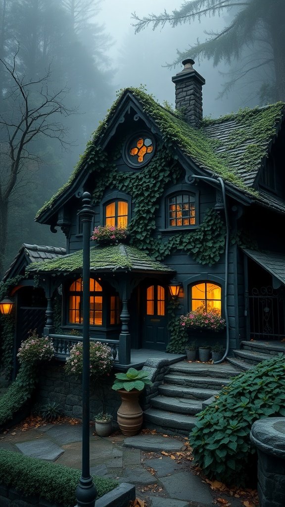 A dark stone cottage covered in ivy, with warm lights glowing from the windows, surrounded by lush greenery and a stone pathway.