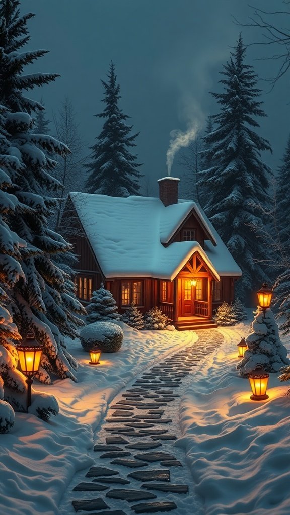 A cozy Christmas cottage surrounded by snow and tall trees, illuminated by warm lights.
