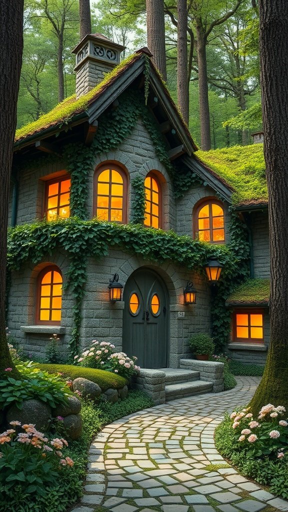 A cozy stone cottage covered in greenery, with warm glowing windows and a charming cobblestone pathway.