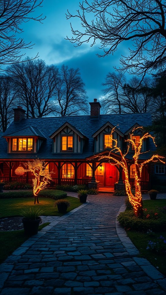 A farmhouse illuminated by fairy lights at dusk, featuring a cobblestone path and warm glowing windows.