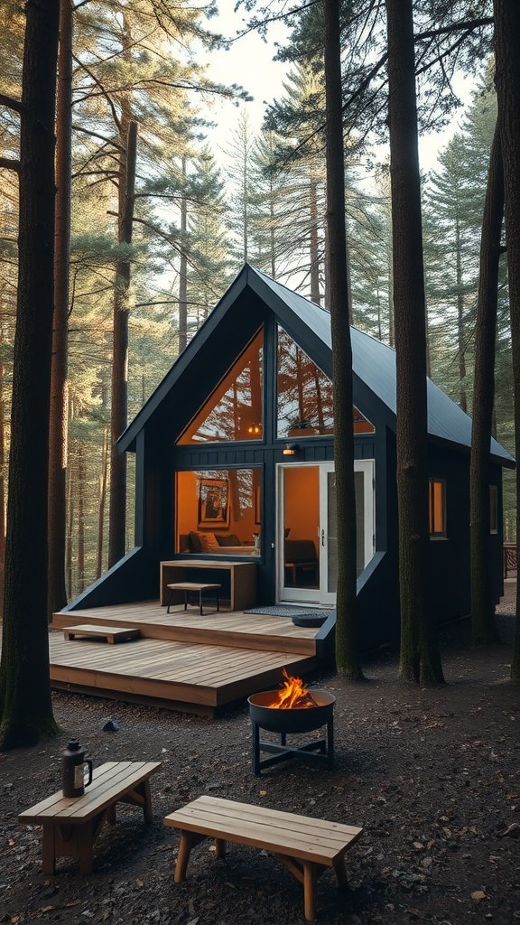 A modern tiny house in a forest setting with large windows and a fire pit.