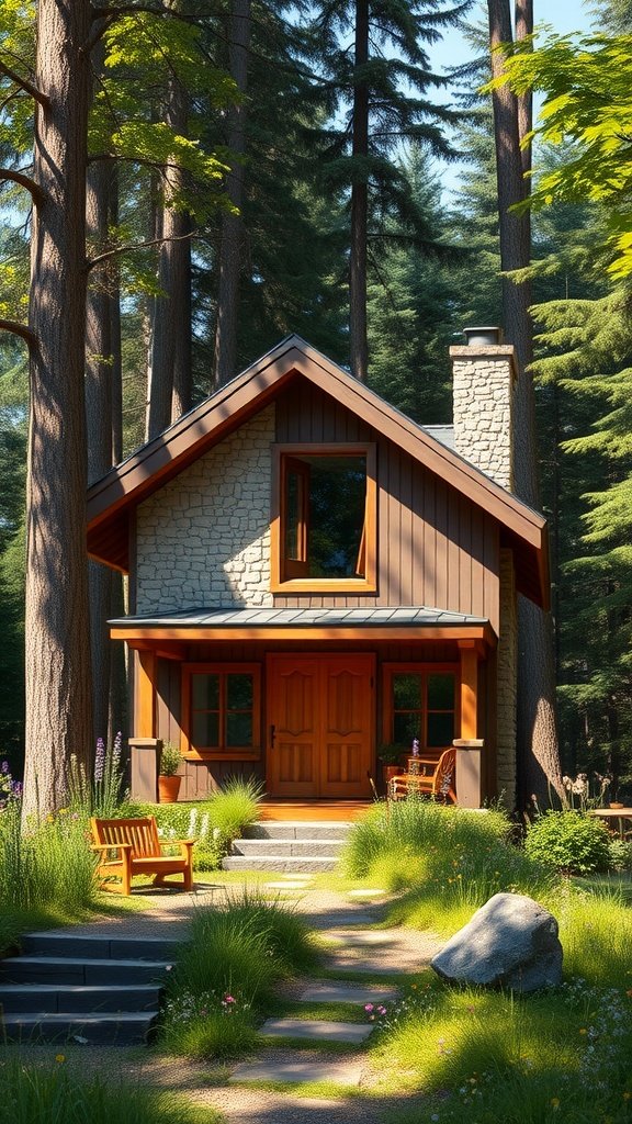 A modern cottage with a rustic touch, surrounded by tall trees and lush greenery.