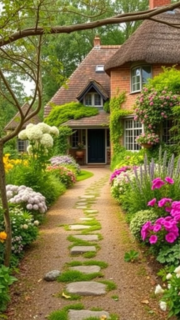 A charming pathway lined with flowers leading to a cottage