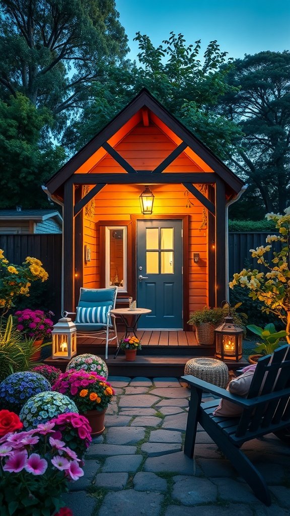 A cozy tiny house with a glowing porch, surrounded by colorful flowers and greenery.