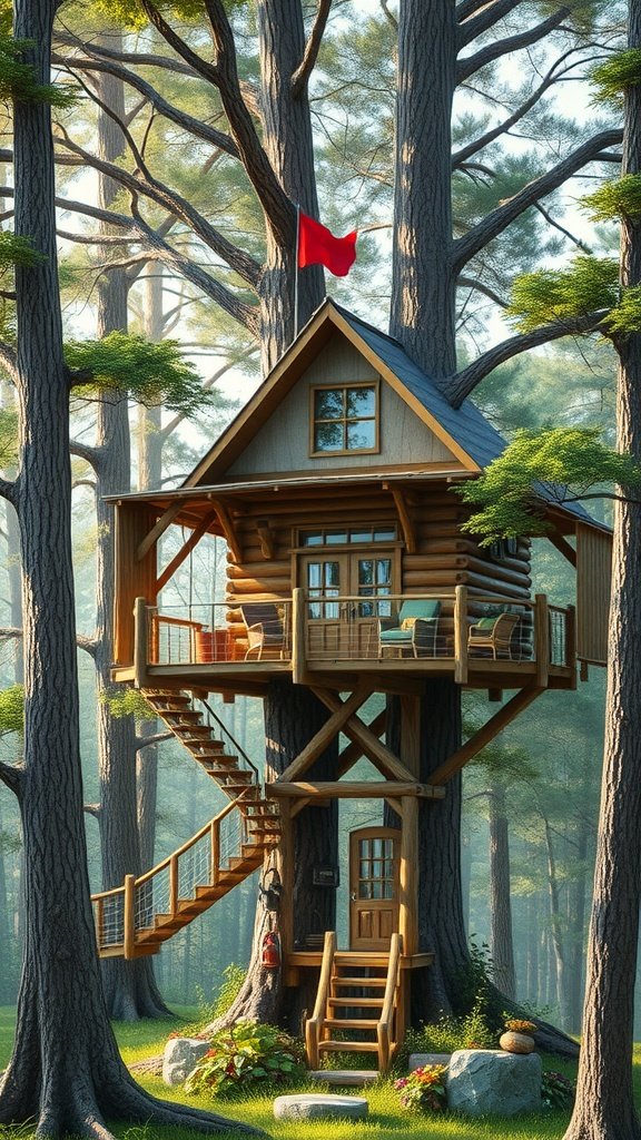 A charming wooden treehouse with a staircase and a red flag, surrounded by tall trees