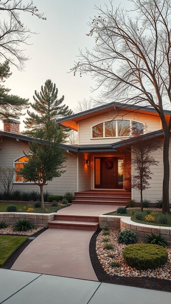 A lovely mid-century modern house with a welcoming entrance and landscaped garden.