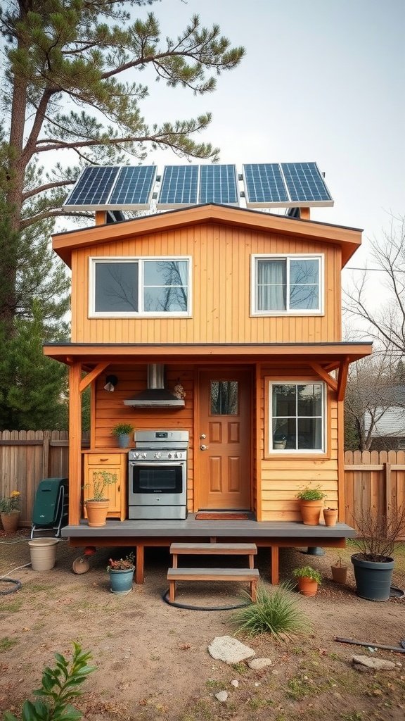 A tiny house with solar panels on the roof, surrounded by a small garden