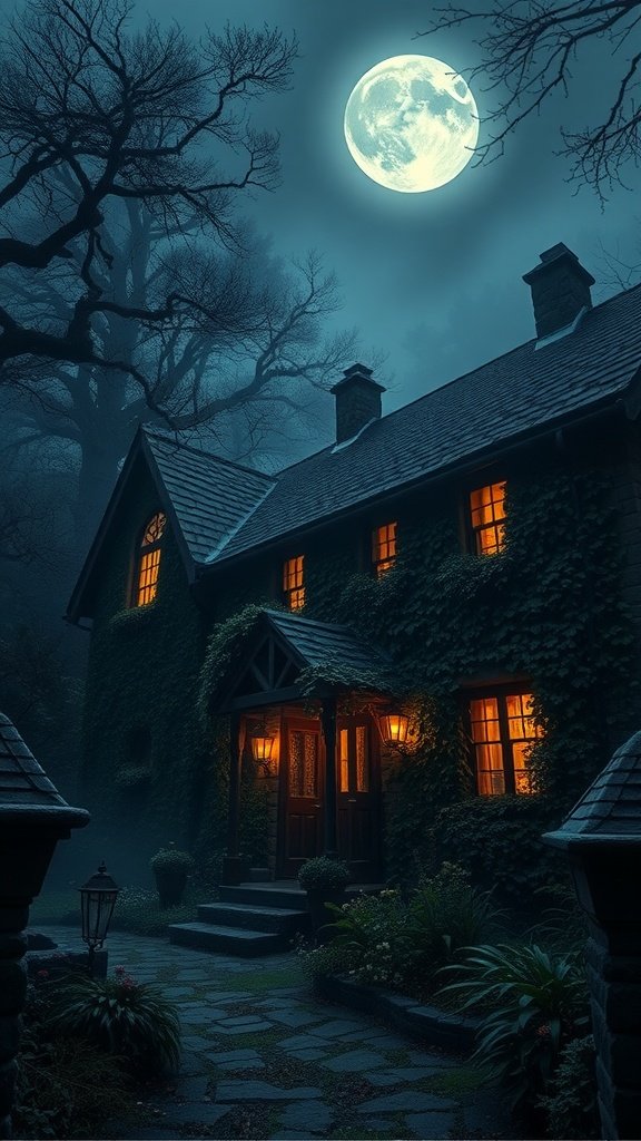 A dark, enchanting cottage surrounded by trees under a bright moonlight. The house is covered in ivy with warm light glowing from the windows.