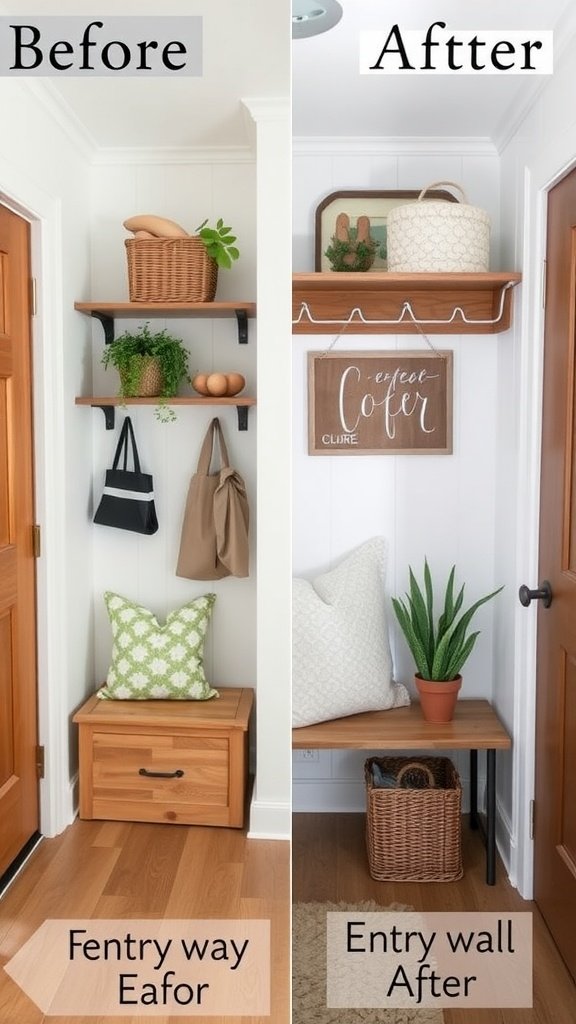 Before and after images of an entryway renovation showing a cluttered space transformed into a stylish welcoming area.