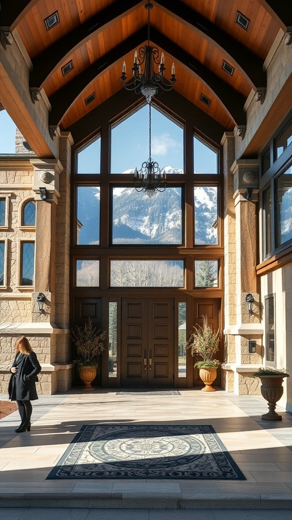 Luxurious entryway of a modern mountain home featuring large windows, wooden beams, and elegant decor.