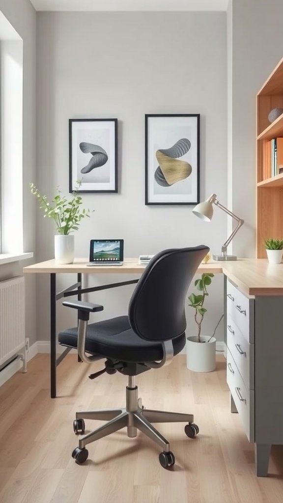 A stylish home office featuring a sleek desk, an ergonomic chair, and framed artwork, complemented by potted plants.