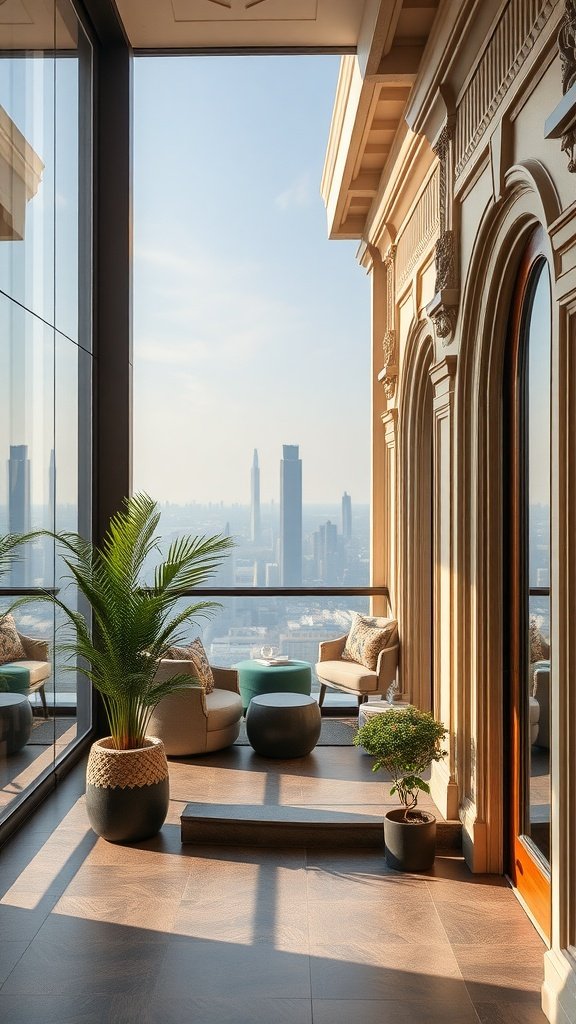 Luxurious penthouse interior featuring large windows, elegant decor, and modern furniture.