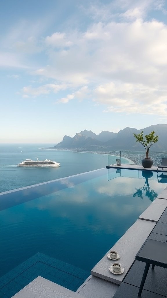A luxury penthouse pool overlooking the ocean and mountains in Cape Town.