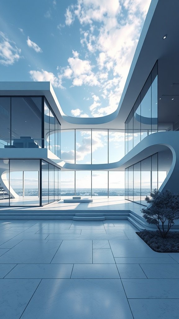 A modern house with expansive glass walls and windows, showcasing a beautiful view of the sky and landscape.
