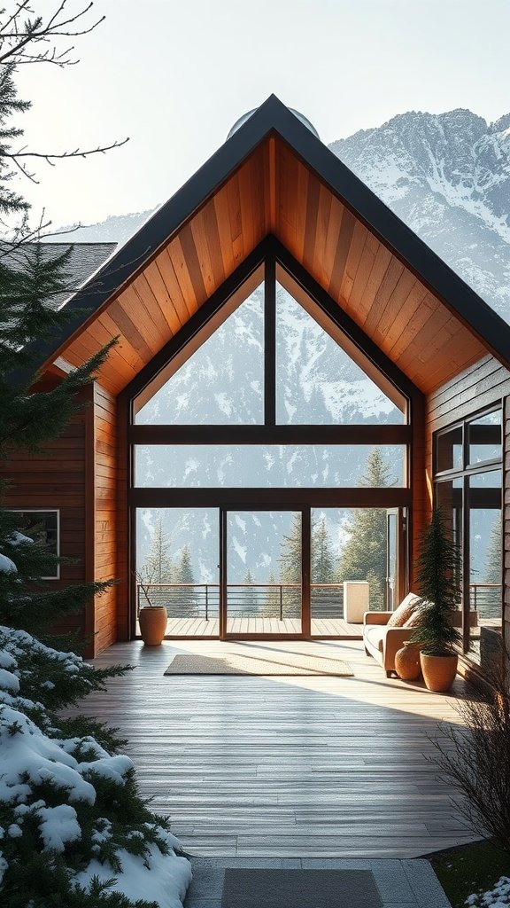 A modern mountain home with expansive windows showcasing beautiful mountain views and natural light.