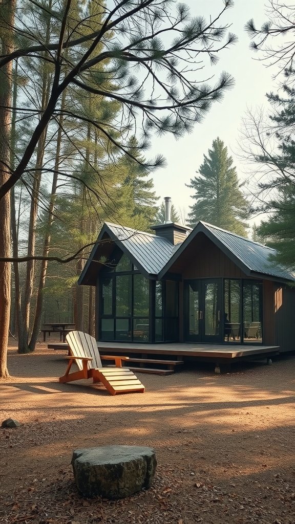 A modern cabin surrounded by trees, featuring large windows and a wooden deck.