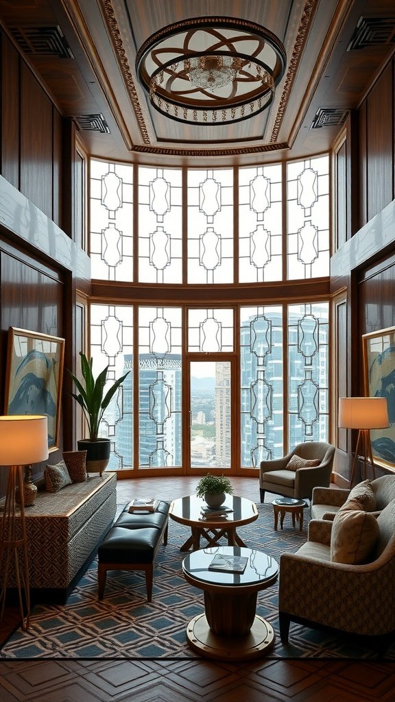 A luxurious penthouse living room featuring large windows, Art Deco elements, and elegant furnishings.