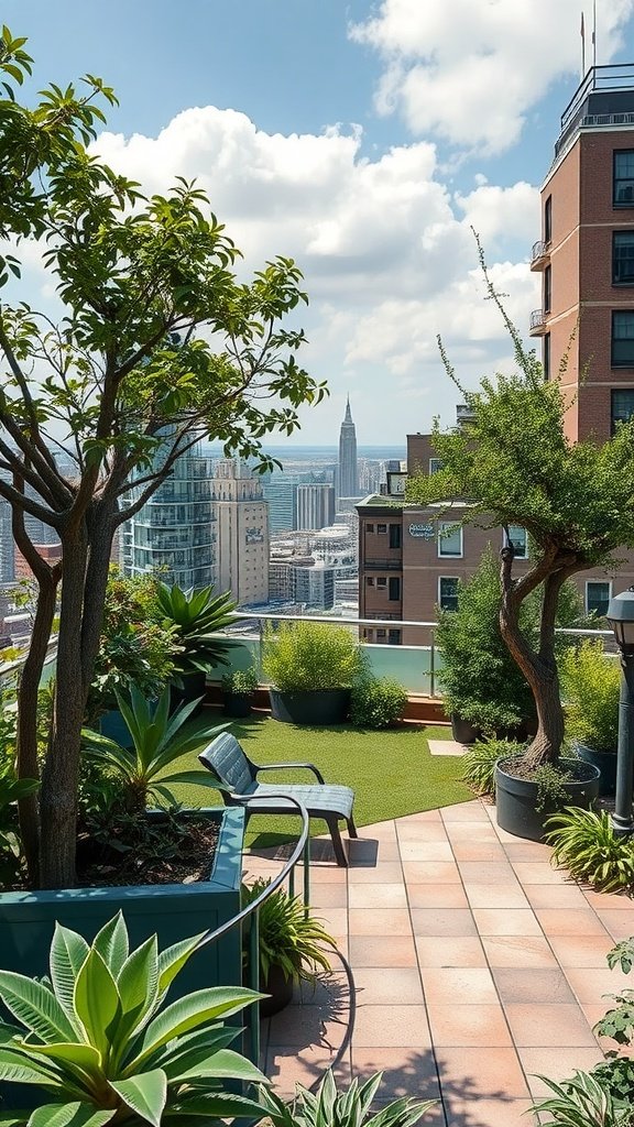 A luxurious penthouse terrace with greenery, a city skyline view, and contemporary furniture.