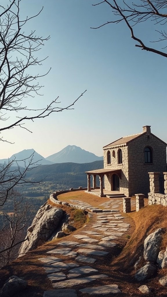 A stone house on a hilltop with mountains in the background