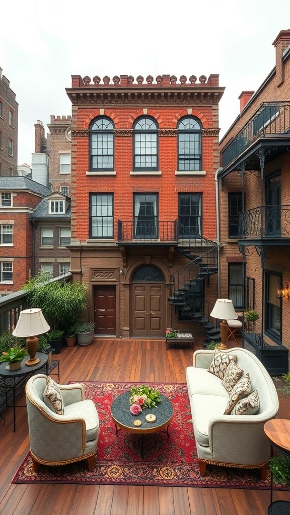 A vintage-style penthouse with a brick facade, outdoor seating, and a spiral staircase.