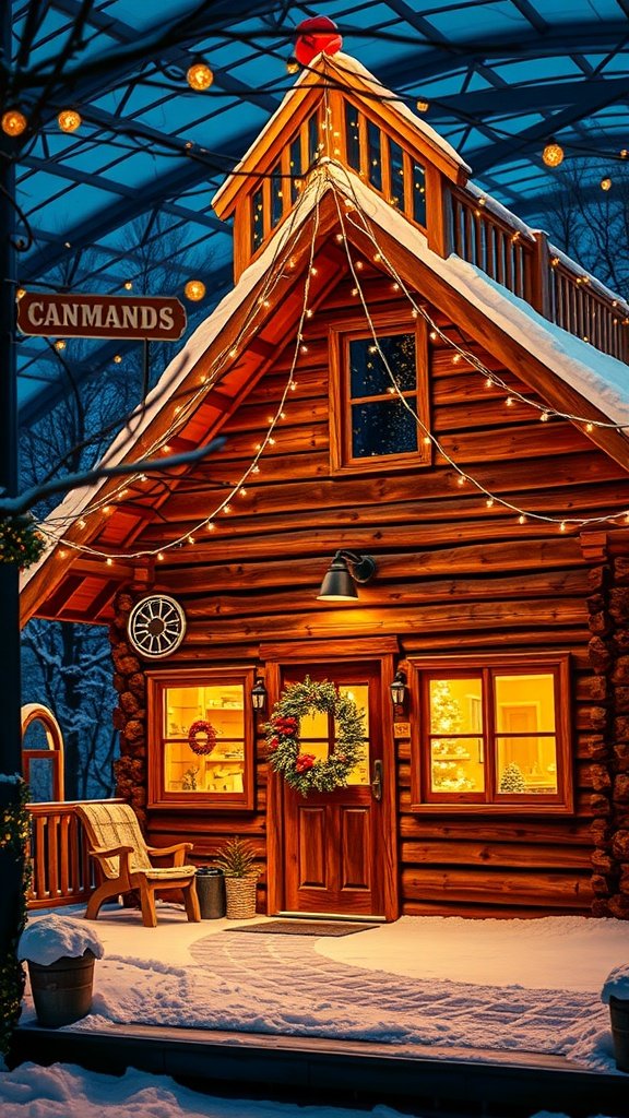 A cozy winter cabin adorned with fairy lights, surrounded by snow.