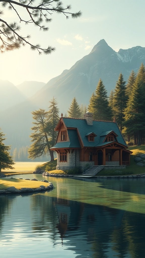 A rustic lodge by a tranquil body of water, surrounded by mountains and trees.
