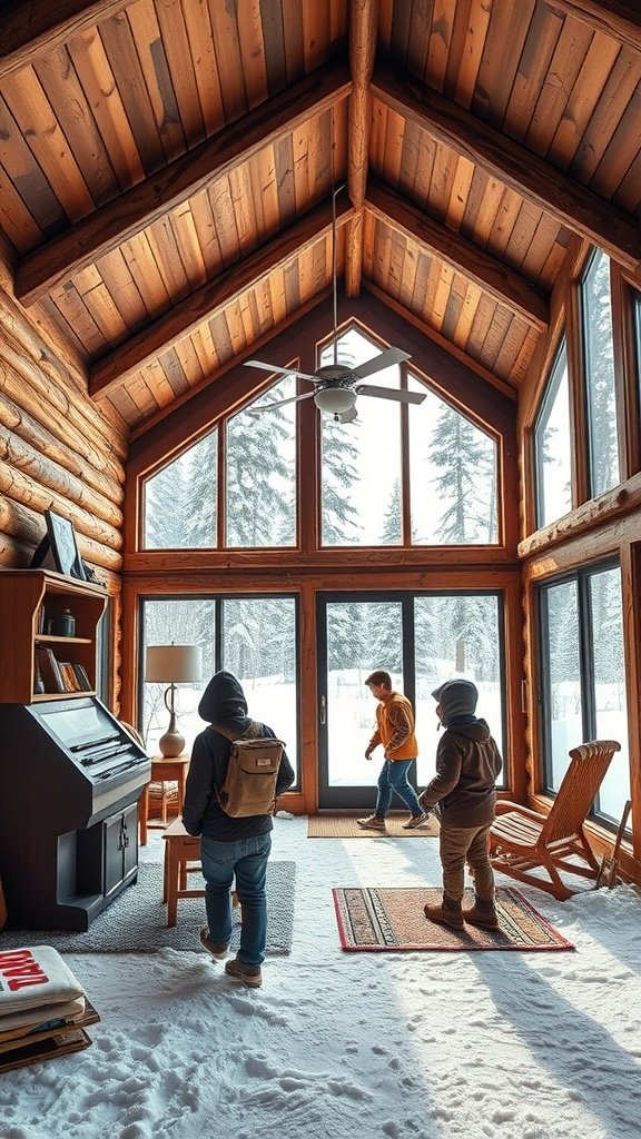 A family-friendly cabin interior with wooden beams and children playing in the snow.