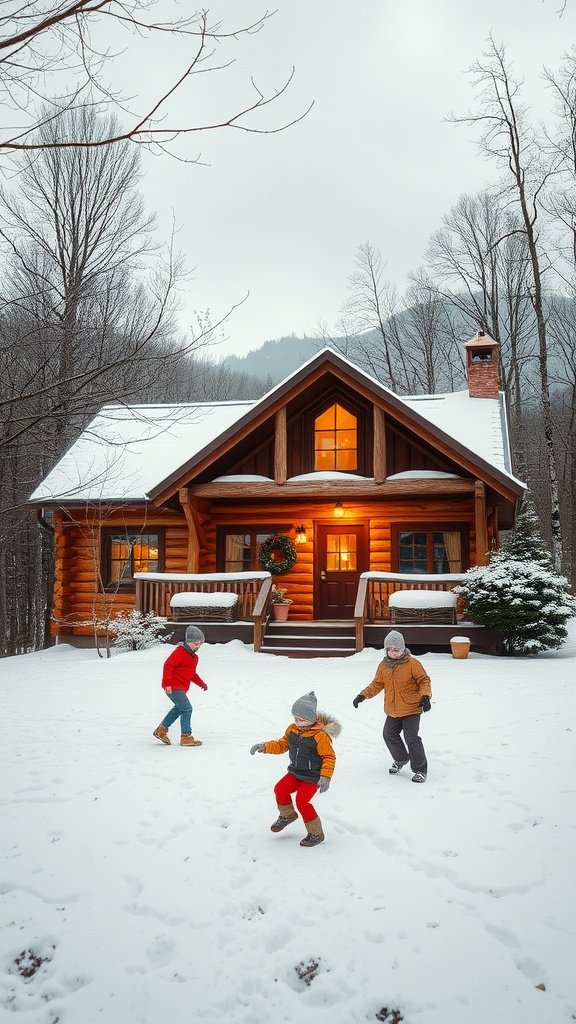 Three children playing in the snow in front of a cozy log cabin surrounded by trees in a winter setting.