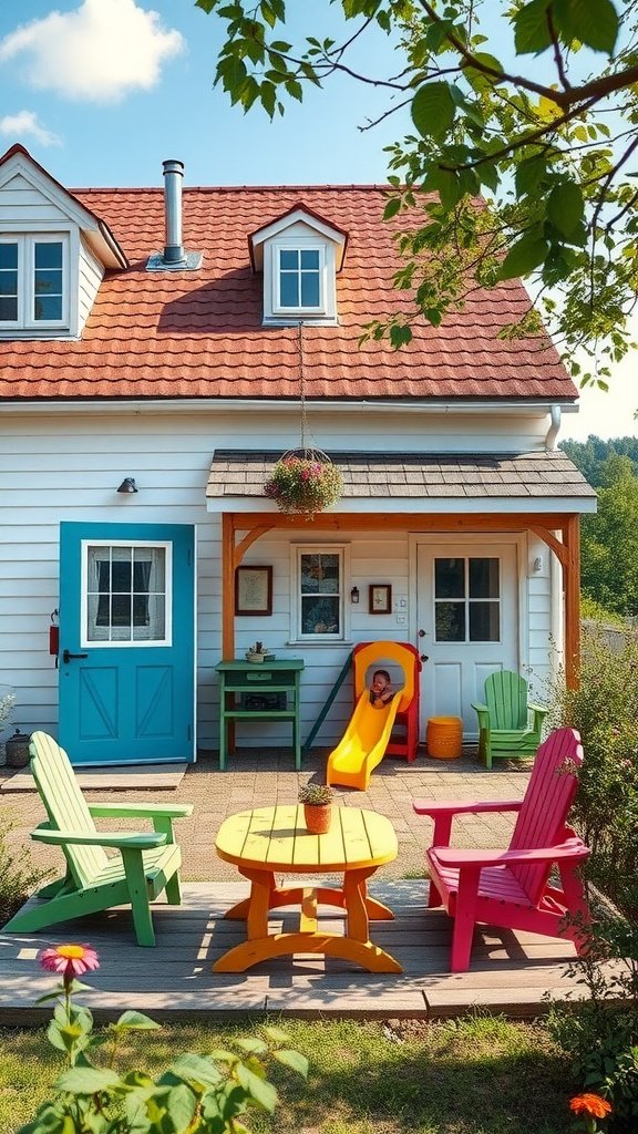 A family-friendly farmhouse with a colorful play area, featuring a slide and bright outdoor furniture.
