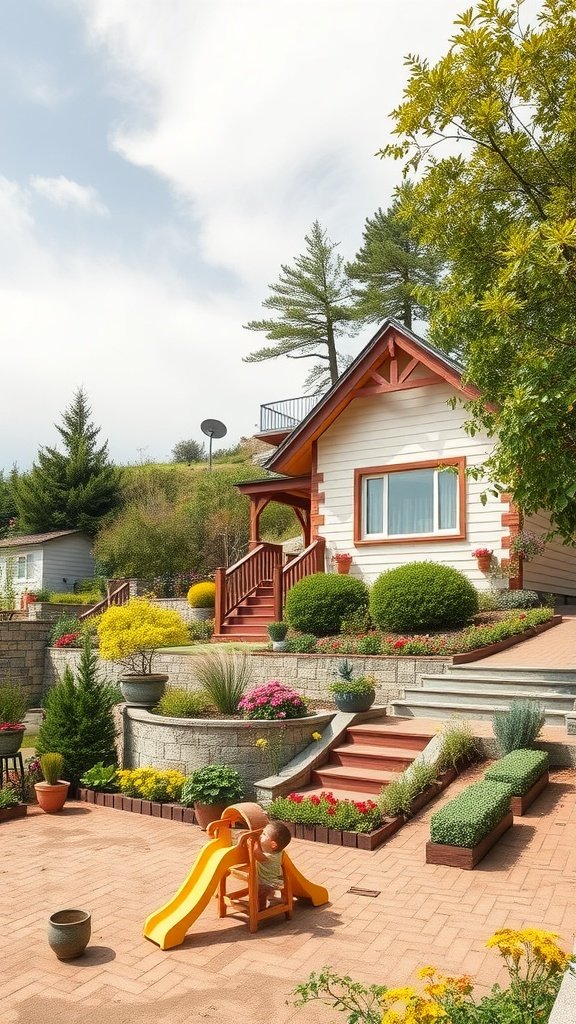 A family-friendly house on a steep slope with a child playing on a yellow slide in a colorful garden.