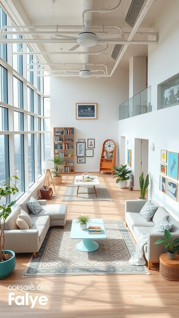 Bright and spacious family-friendly penthouse living area with large windows, cozy sofas, and colorful decor.