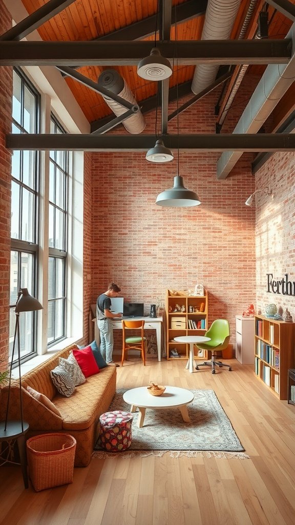 A family-friendly modern loft apartment with a cozy sofa, workspace, and large windows.