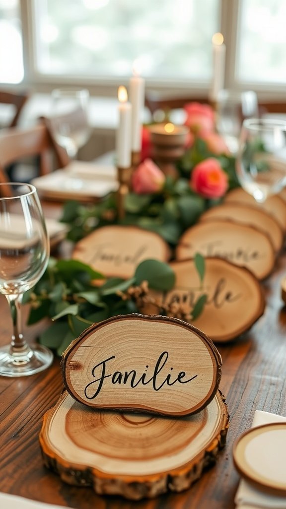 Wooden slice place cards with calligraphy on a farmhouse table